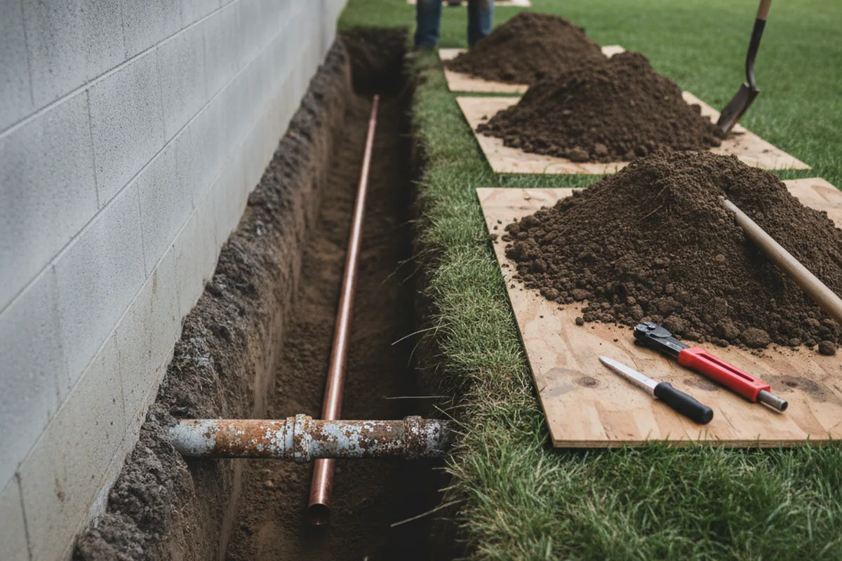 Excavated water line trench during Water Heater Repair in Creola